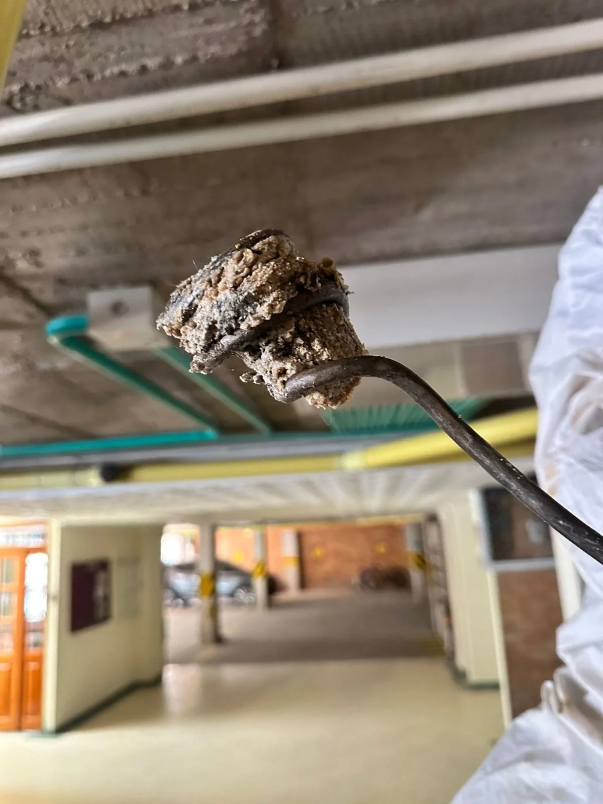 Sorbete de chocolate con trozos en un tenedor.
