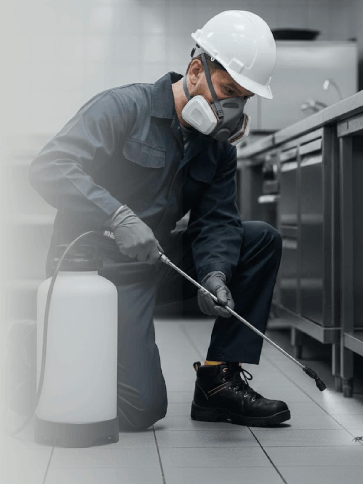 Trabajador usando equipo de protección, rociando desinfectante en una cocina industrial.