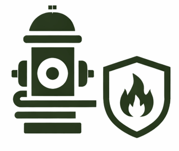 Ícono de una manguera de incendio junto a un escudo con una llama.