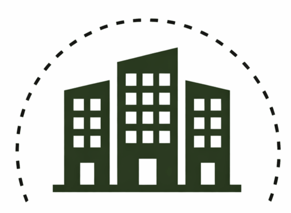 Icono de edificios de oficinas en color verde oscuro.