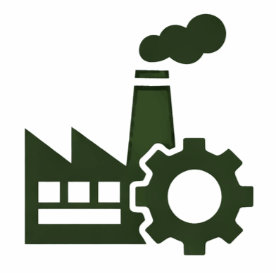 Ilustración de una fábrica con humo saliendo de la chimenea y un engranaje.