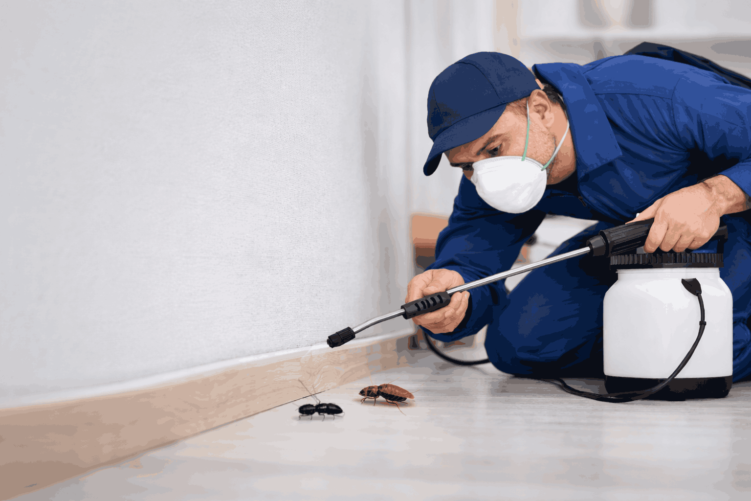 Un hombre con máscara y gorra verde usando un rociador para insectos en el suelo, cerca de una pared, con tres insectos visibles en el piso.