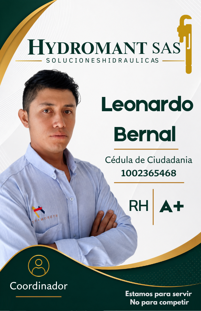 Cédula de ciudadanía de Leonardo Bernal, con información personal y fotografía, de fondo con logotipo de Hydromant SAS y detalles de contacto.