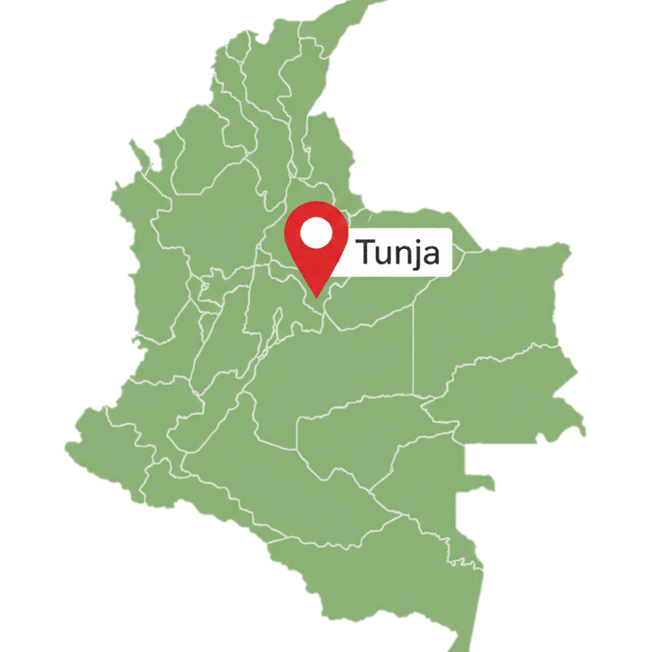 Mapa de Colombia resaltando la ciudad de Tunja en el centro del país.