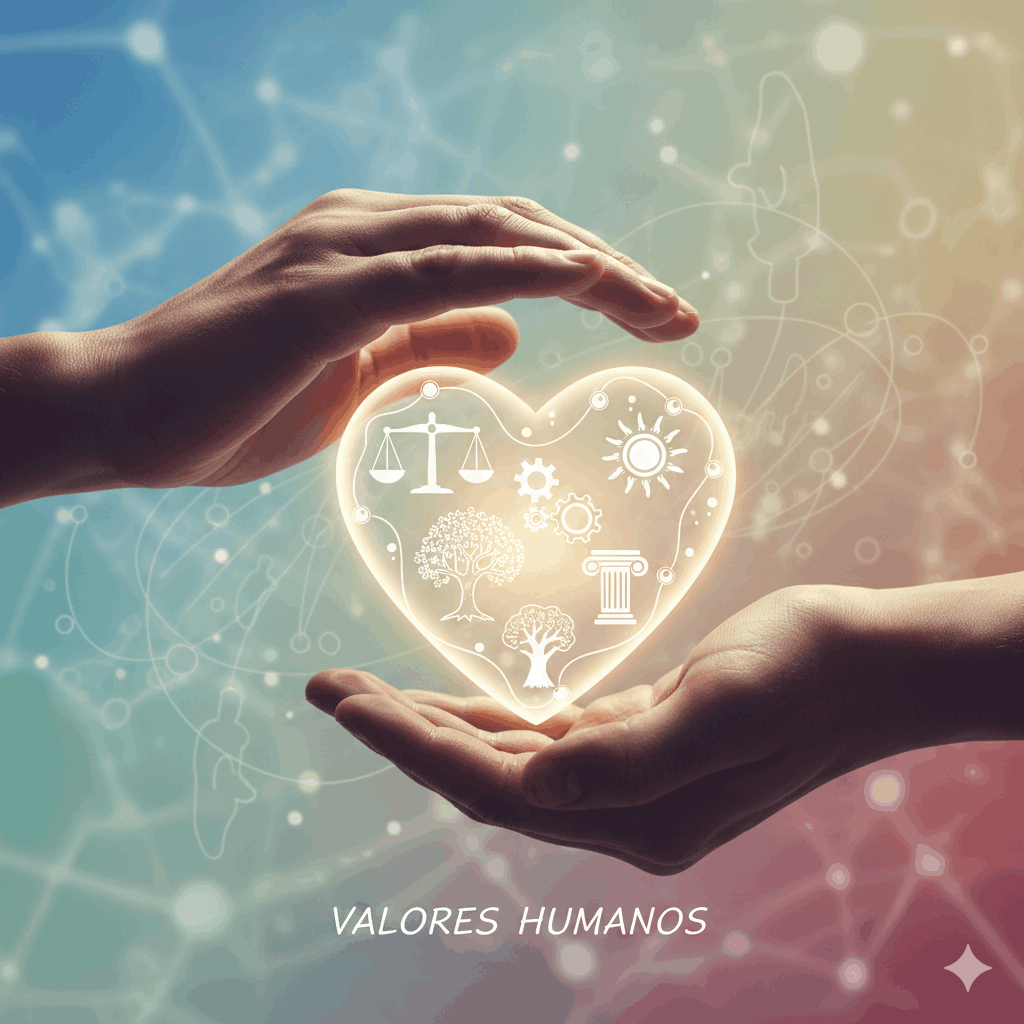 Dos manos rodean un corazón brillante que contiene símbolos como una balanza, una raíz de árbol, un sol, engranajes, una columna y un árbol, con un fondo difuso colorido y líneas conectando los elementos, representando valores humanos.