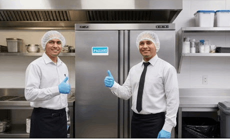 Dos hombres con ropa de trabajo y guantes azules posando en una cocina industrial con un refrigerador grande.