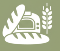 Símbolos de pan, jarra y trigo en fondo verde.