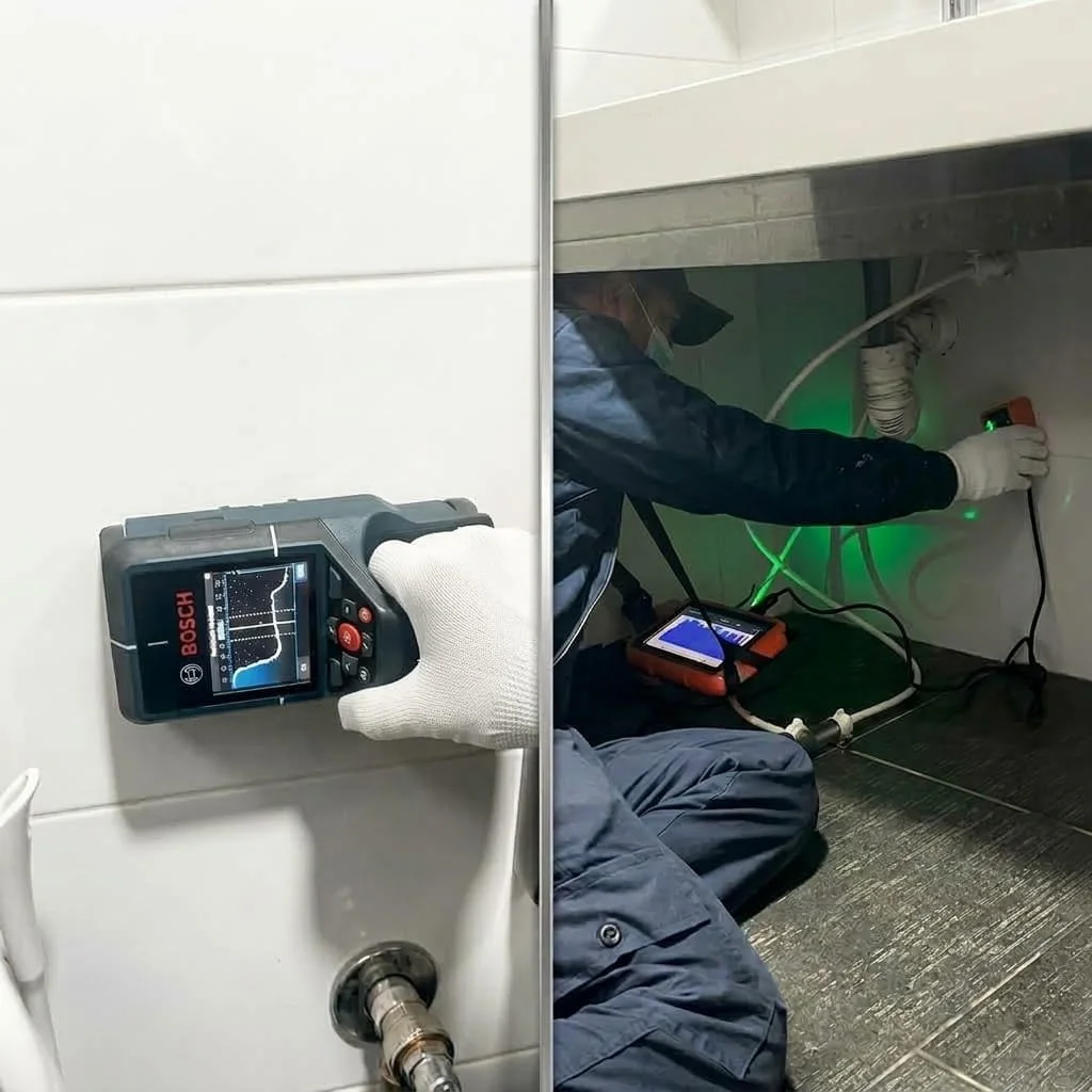 Técnico realizando una detección de fugas sin romper con equipos especializados como geofono y scanner