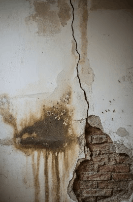 Pared con grieta y manchas de humedad, parte de la pared con ladrillos expuestos.