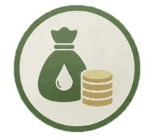 Icono de una bolsa con un líquido y unas monedas apiladas