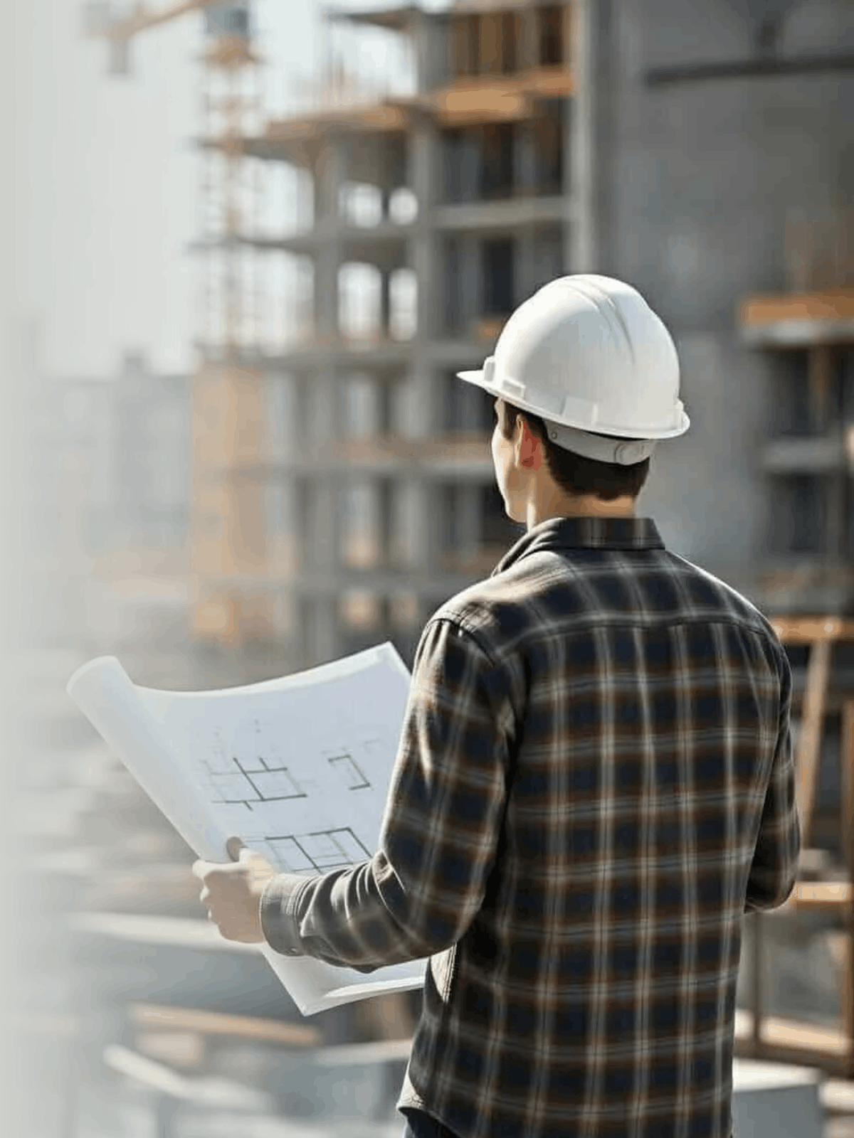 Un joven ingeniero en casaca de cuadros y casco blanco, mirando planos en una obra en construcción de edificios en proceso.