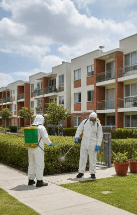 Dos personas con trajes protectores desinfectando una zona exterior en un complejo de apartamentos.