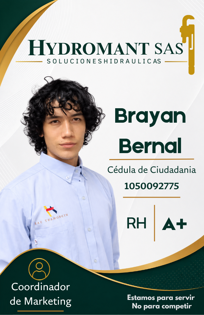 Tarjeta de identificación con foto de un joven de cabello rizado, camisa azul, que dice 'Brayan Bernal', con información de ciudadanía, sangre, y un logo en la parte inferior. Incluye texto de una empresa llamada Hydromant SAS, soluciones hidráulicas, y un mensaje de servicio.