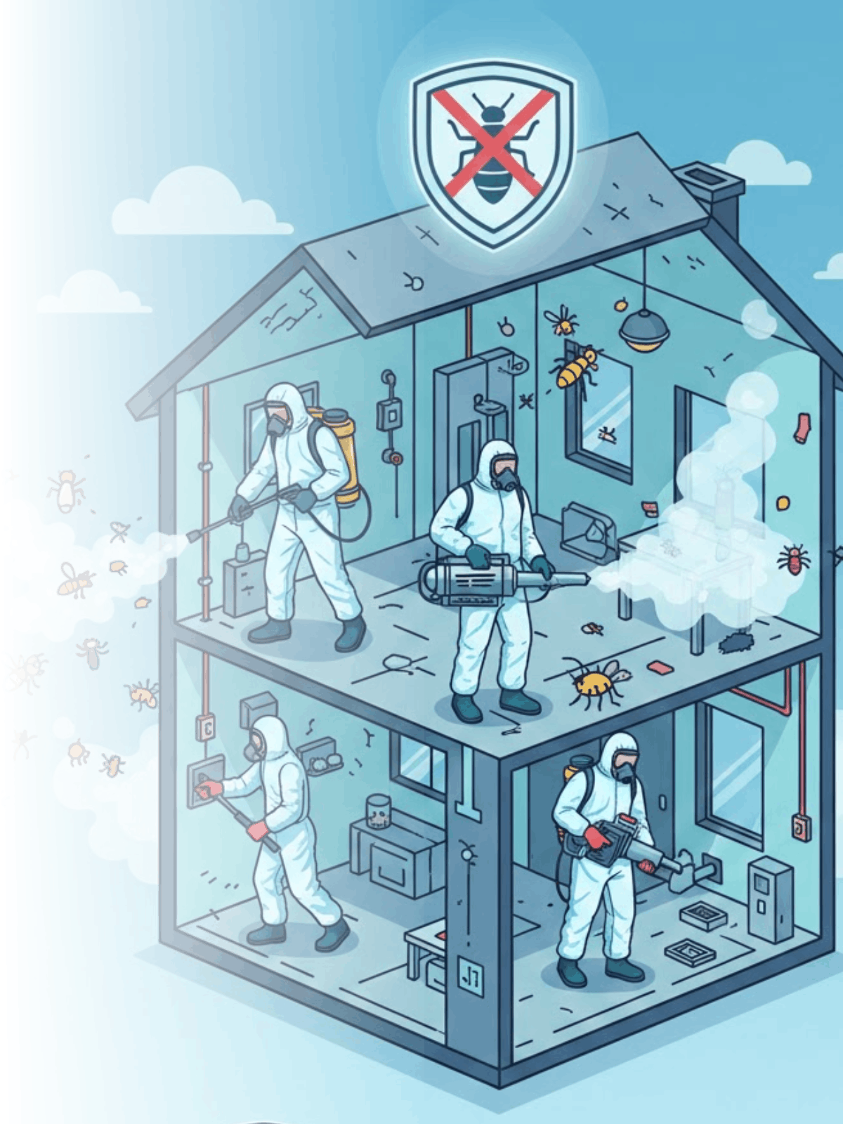 Ilustración de una casa en esquema con personal de control de plagas en diferentes niveles, usando trajes protectores, con señalética de prohibición de insectos y plagas.