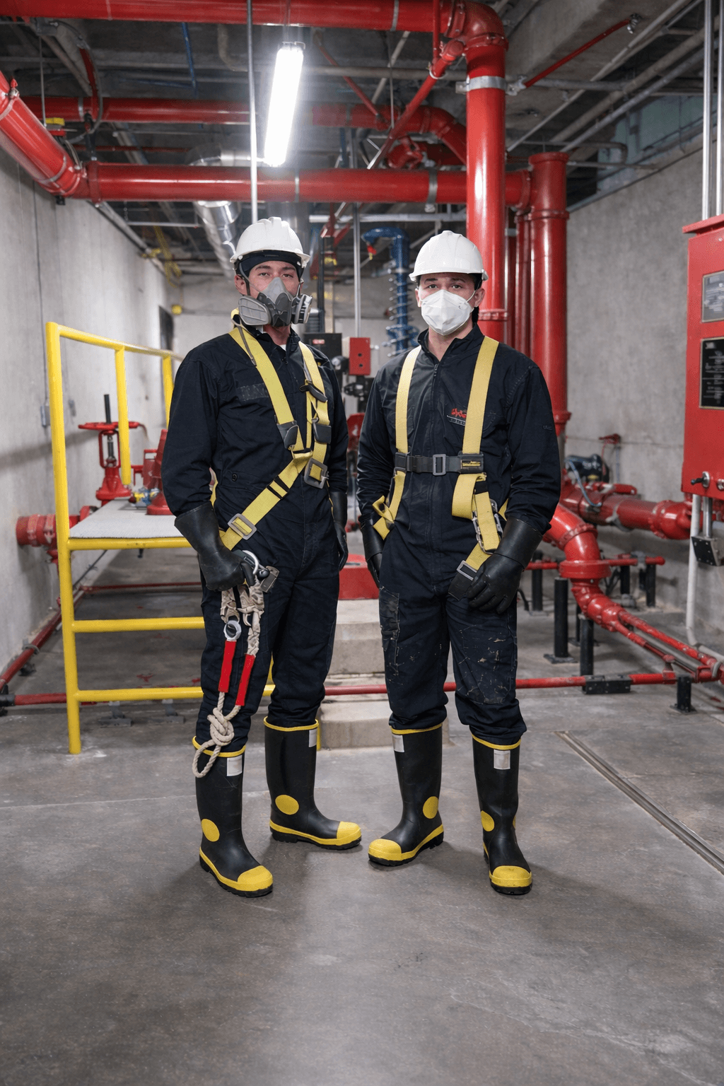 Dos trabajadores en equipo de protección con casco, guantes, botas y arnés dentro de un cuarto de máquinas con tuberías rojas.