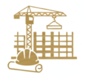 Imagen de una construcción en progreso con grúa, casco de seguridad y estructura de edificios en construcción.