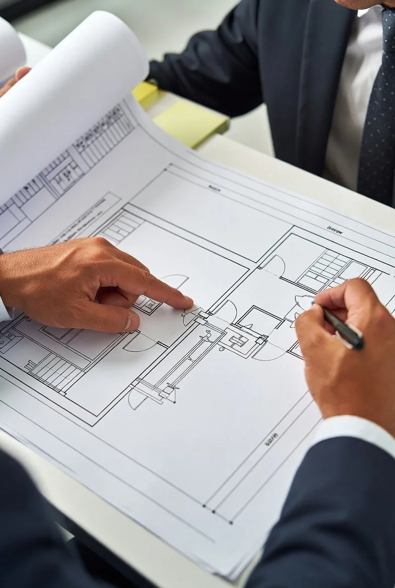 Personas revisando y señalando planos arquitectónicos en una mesa de trabajo.