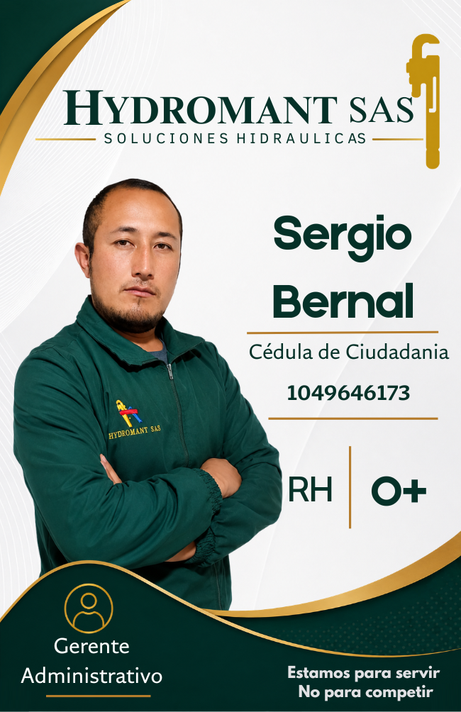 Cédula de identidad del empleado Sergio Bernal, de Hydromant SAS, con foto de él mismo.tipo de sangre O+, y que es gerente administrativo.