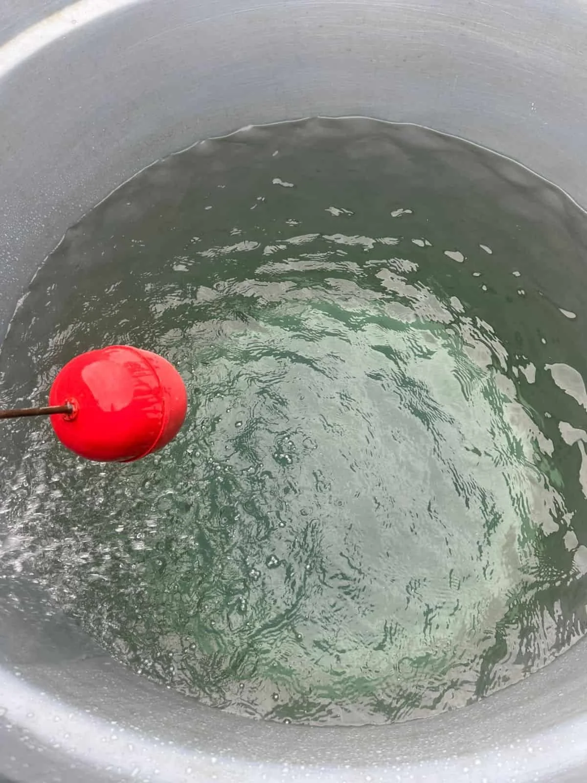 Vista del interior de un cuerpo de agua, con una boya roja flotando y una hélice en la parte inferior izquierda.