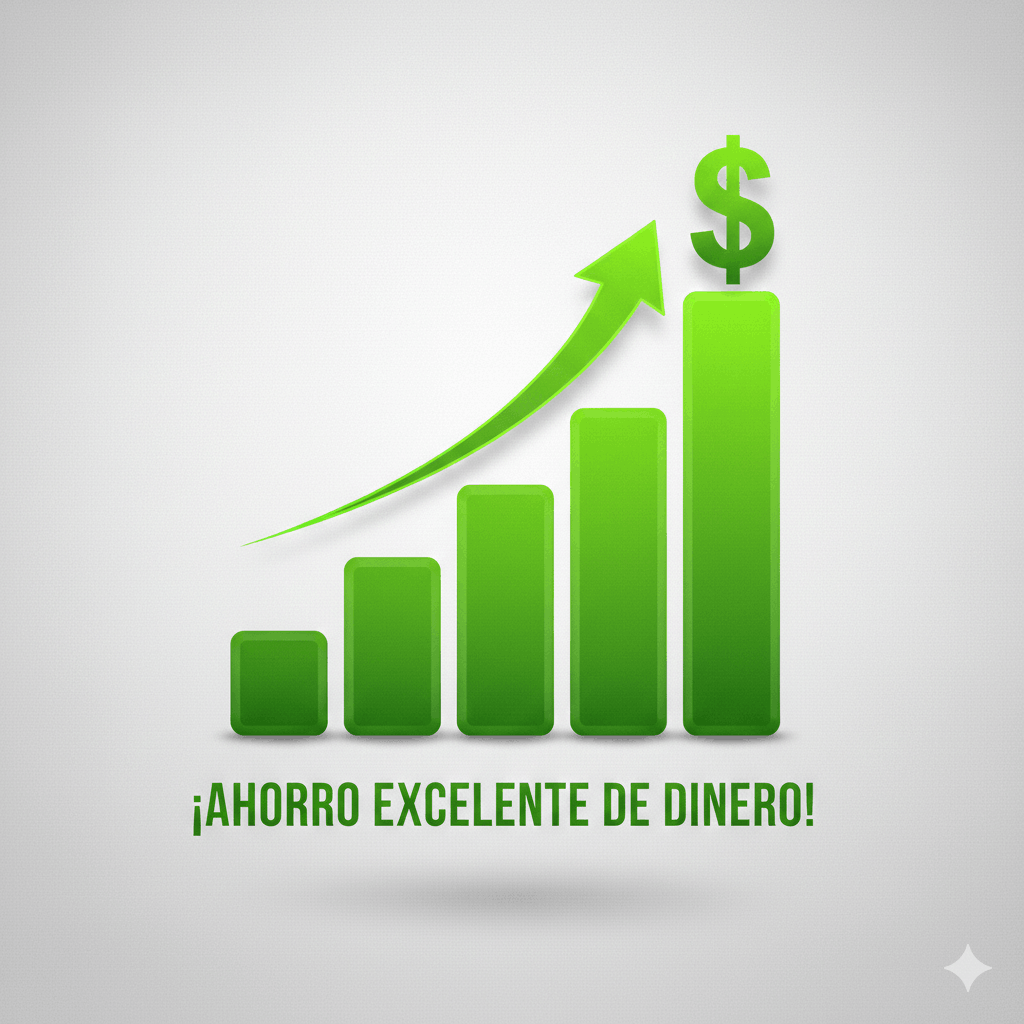 Gráfica de barras ascendente en tonos verdes con símbolo de dólar en la parte superior y flecha apuntando hacia arriba, con texto en español que dice '!Ahorro excelente de dinero!'.