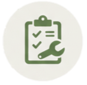 Icono de un portapapeles con listas de verificación y una herramienta, representando gestión o tareas.