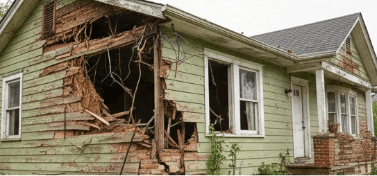Casa dañada con paredes y estructura de madera dañadas y parcialmente colapsadas.