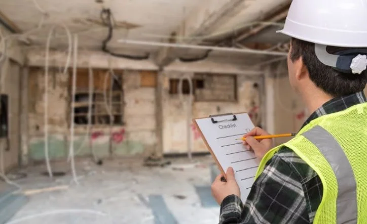 Un ingeniero en casco y chaleco reflectante inspecciona una construcción en ruinas, tomando notas en una libreta.