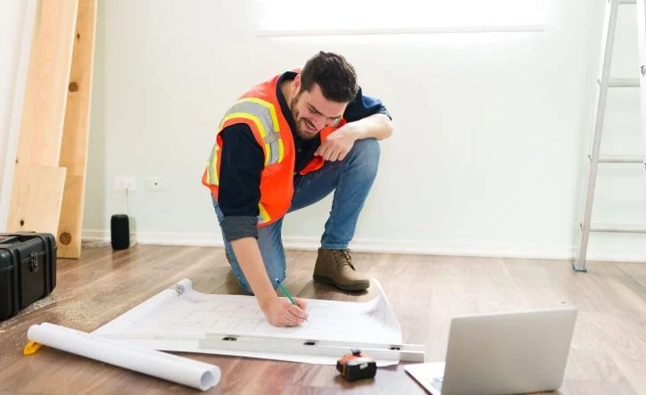 Un hombre con chaleco de construcción sentando en el suelo, revisando planos de construcción y usando una computadora portátil en una habitación con suelo de madera.