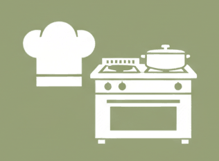 Ilustración en blanco de un gorro de chef, una sartén, y una estufa en fondo verde.