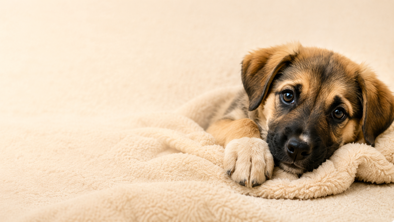 Cute puppy laying on a beige blanket with puppy eyes, lying down with head resting on paws, in a cozy indoor setting.