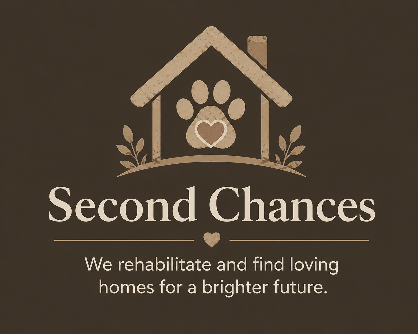 Logo for Second Chances, featuring a house with a paw print and heart inside, surrounded by leaves, along with the tagline 'We rehabilitate and find loving homes for a brighter future'.