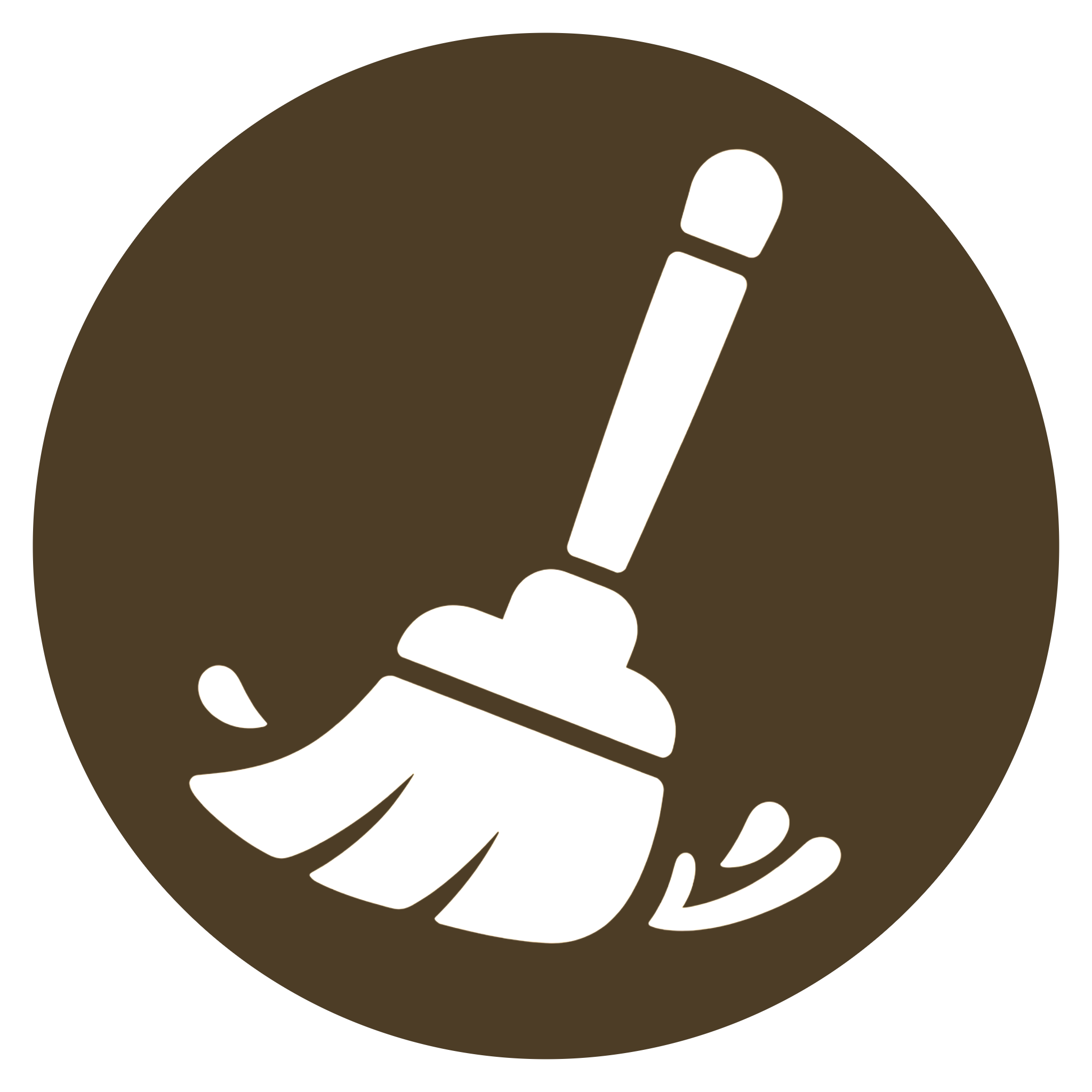 A stylized graphic of a hand holding a stylus or pen, writing or drawing on a circular background with brown and white colors.