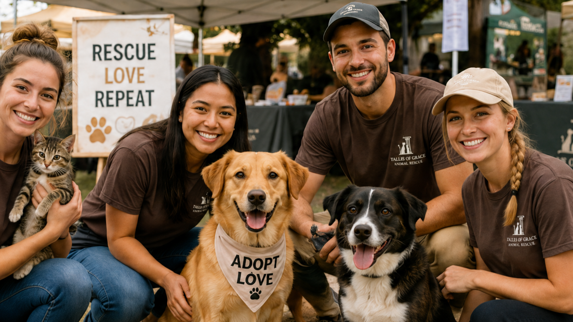 Group of four people, three women and one man, with four dogs at an animal rescue event, with a sign that reads 'Rescue Love Repeat' in the background.