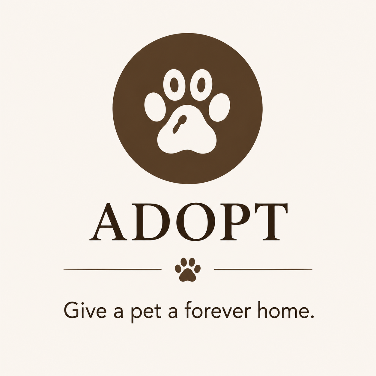 Logo with a paw print icon and the word 'ADOPT' beneath it, followed by the slogan 'Give a pet a forever home'.