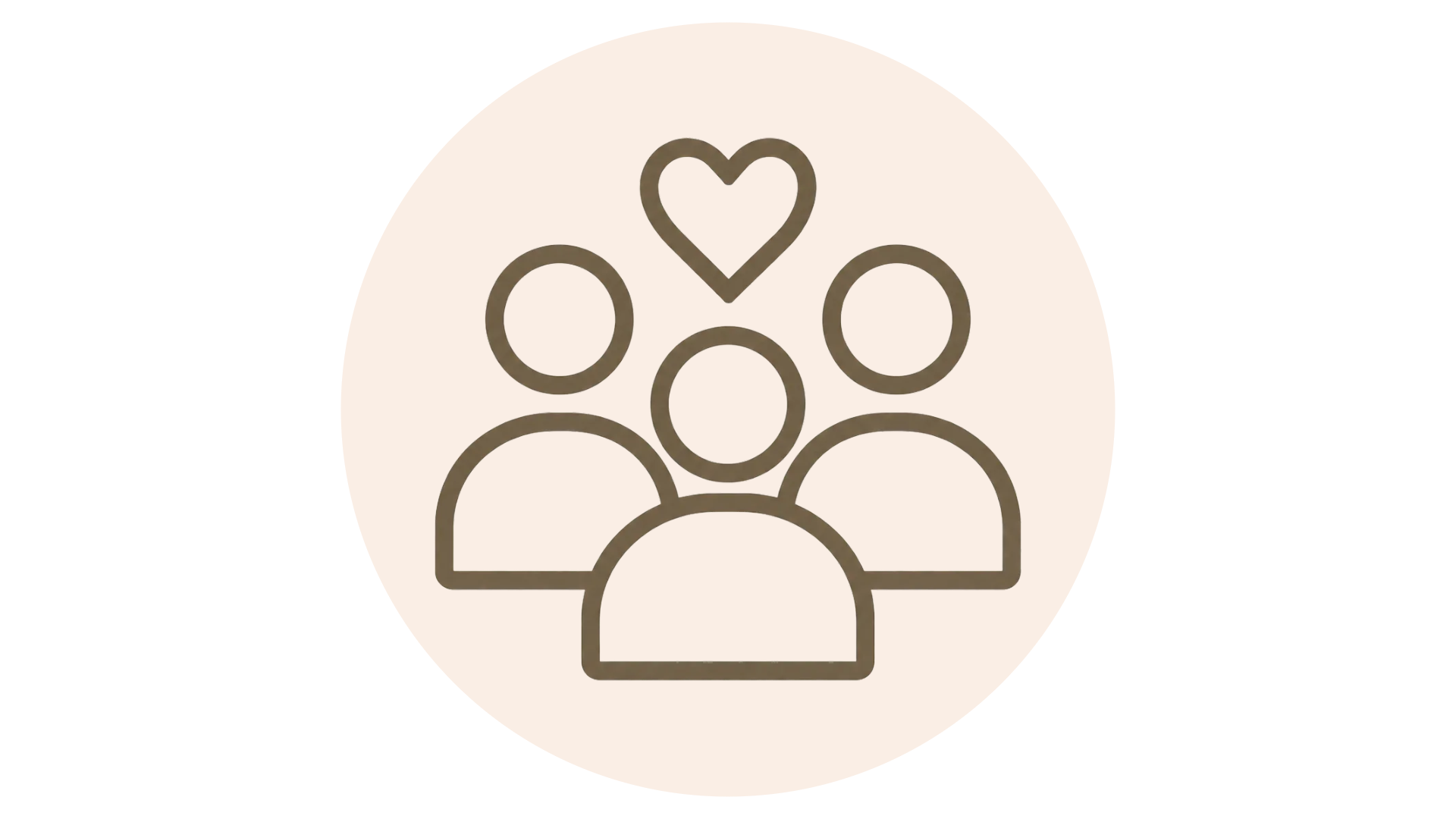Simple line drawing of five people with a heart above them, all inside a light-colored circle.