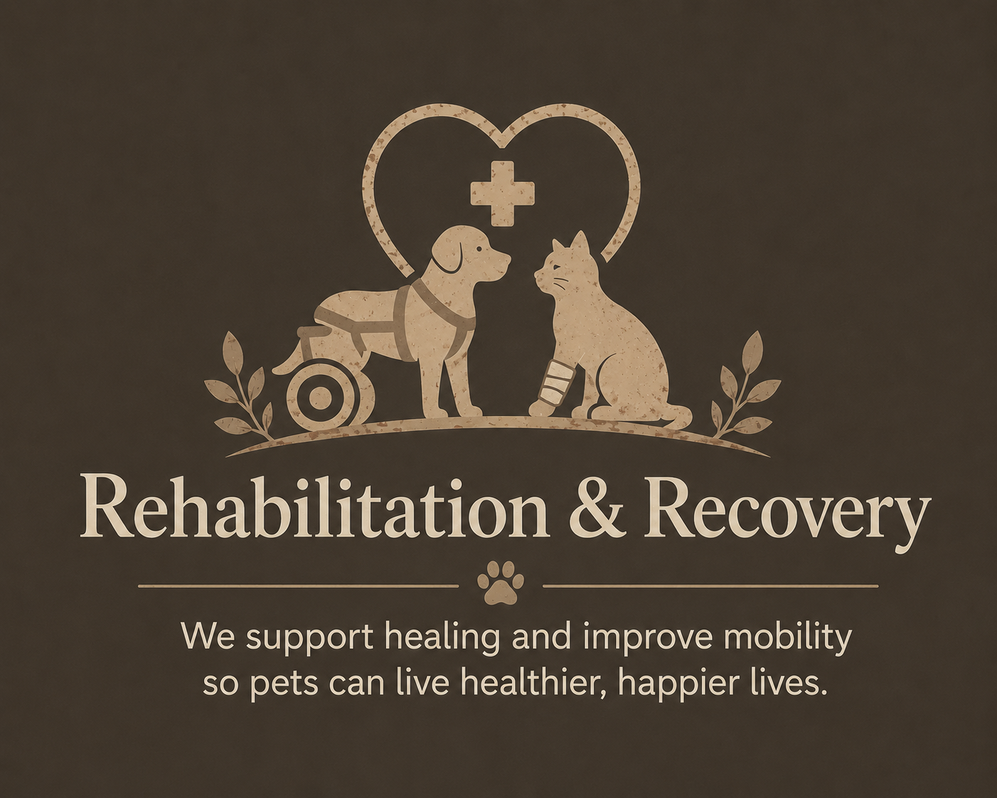 A logo for rehabilitation and recovery services featuring a dog with a wheelchair and a cat with a bandaged leg, surrounded by a heart with a cross inside, and two leaves. Text reads: "Rehabilitation & Recovery. We support healing and improve mobility so pets can live healthier, happier lives."