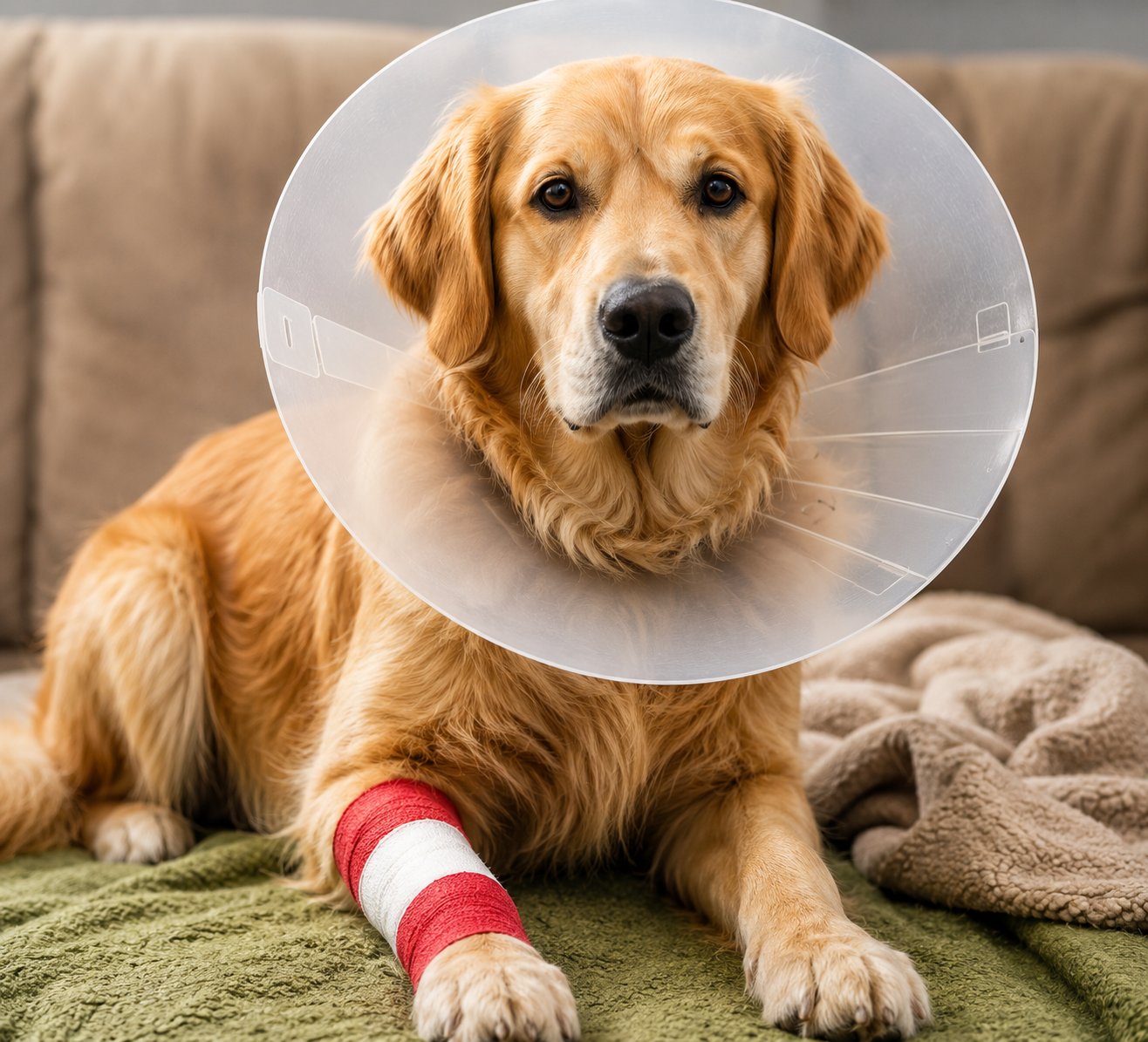 Golden retriever dog sitting on a blanket with an Elizabethan collar and bandaged paw.