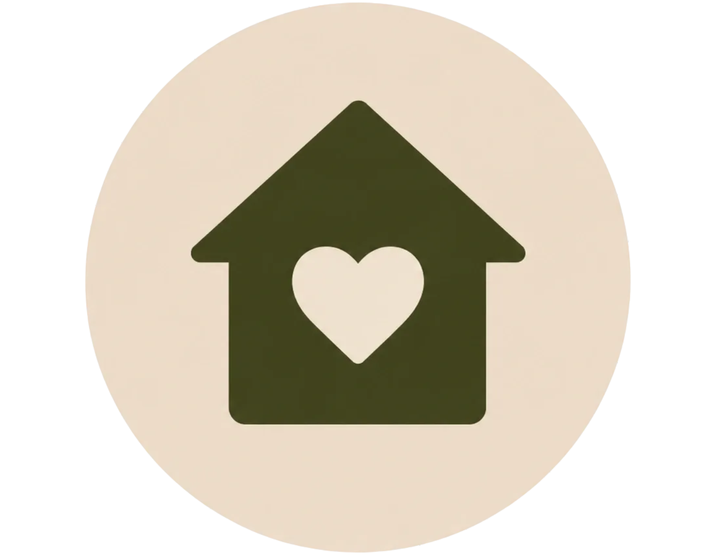 Icon of a house with a heart cutout in the center, inside a beige circle.