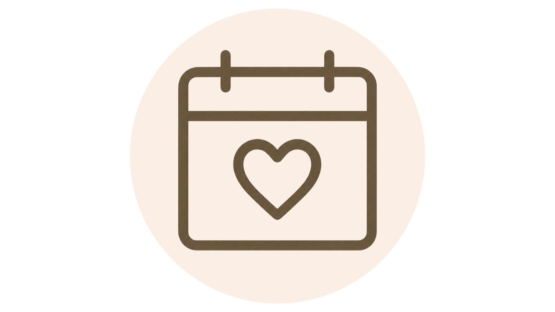 A calendar icon with a heart in the center, representing love or caring.