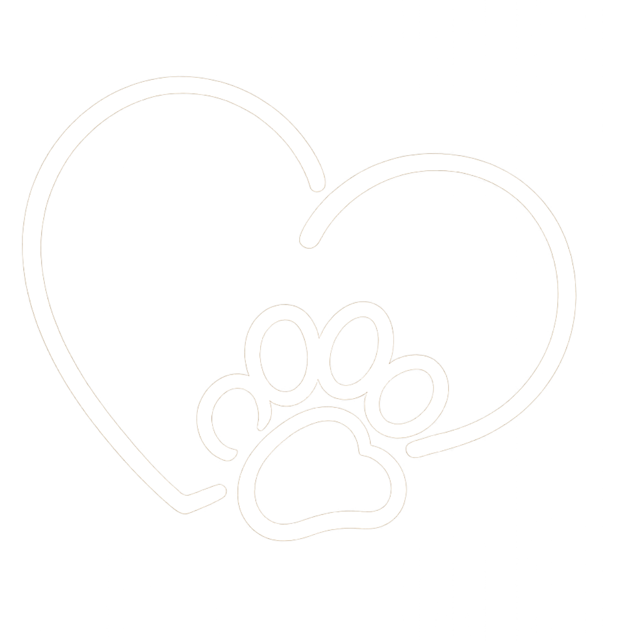 Line drawing of a heart shape surrounding a paw print on a black background.
