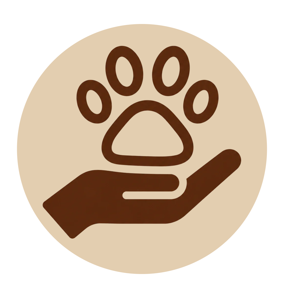 A brown hand holding a paw print icon on a beige background.