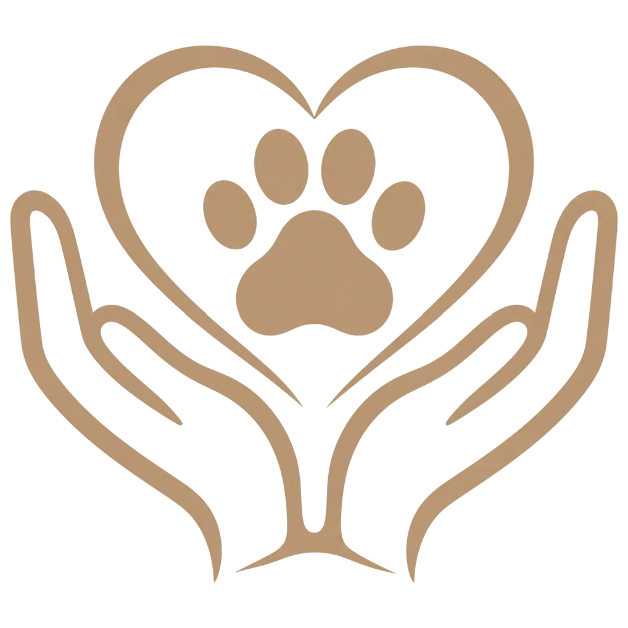 Illustration of a beige hand holding a heart with a paw print inside, symbolizing pet care or support.