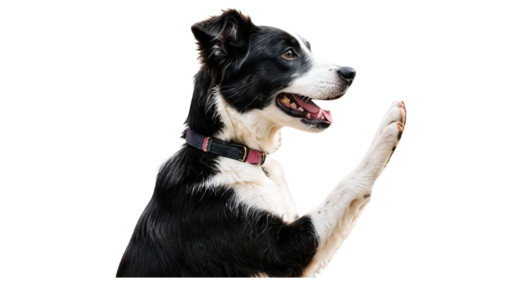 A black and white dog with a pink collar raising its paw, looking to the right.