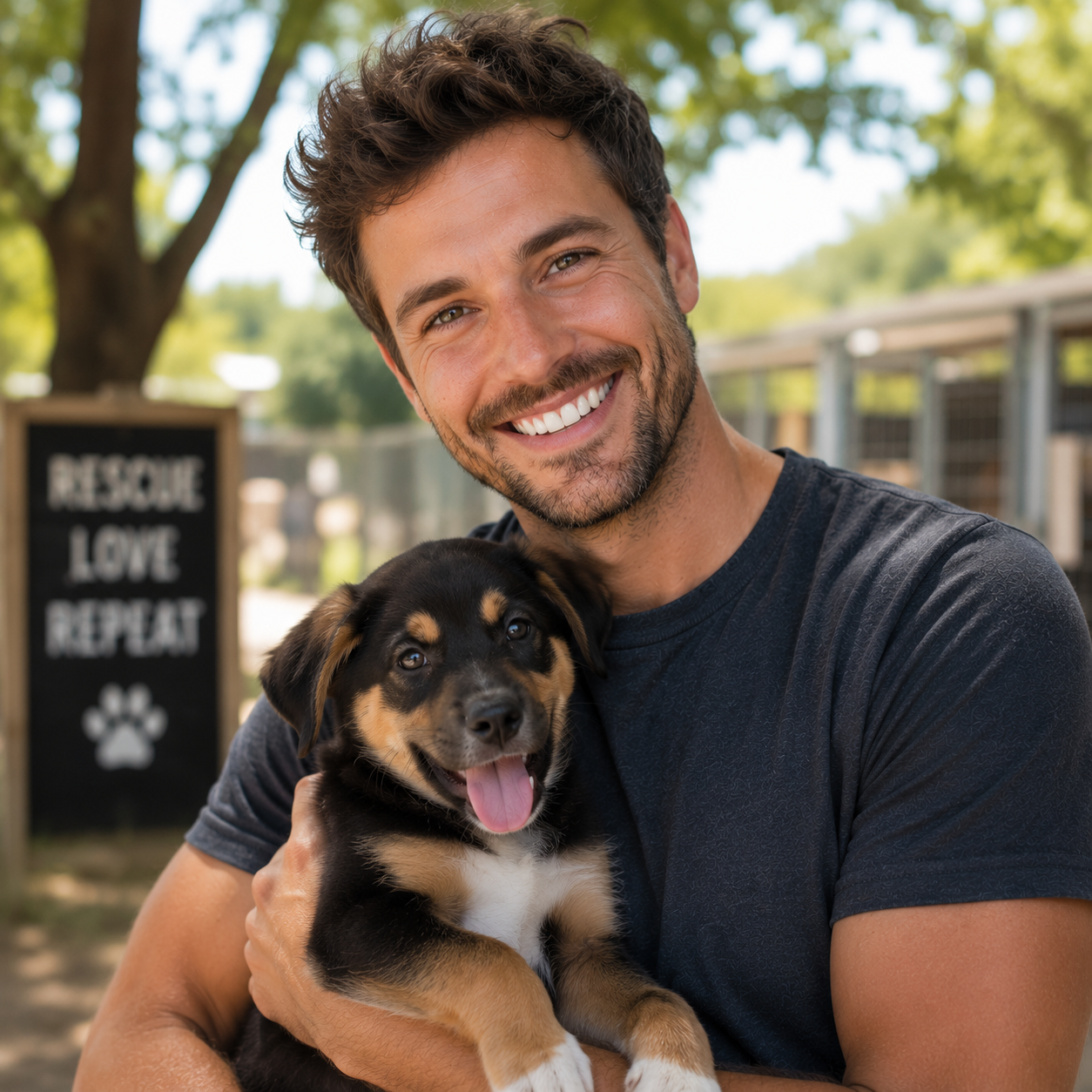 A smiling man holding a happy puppy at a dog rescue or shelter, with a sign in the background that reads "Rescue Love Repeat."