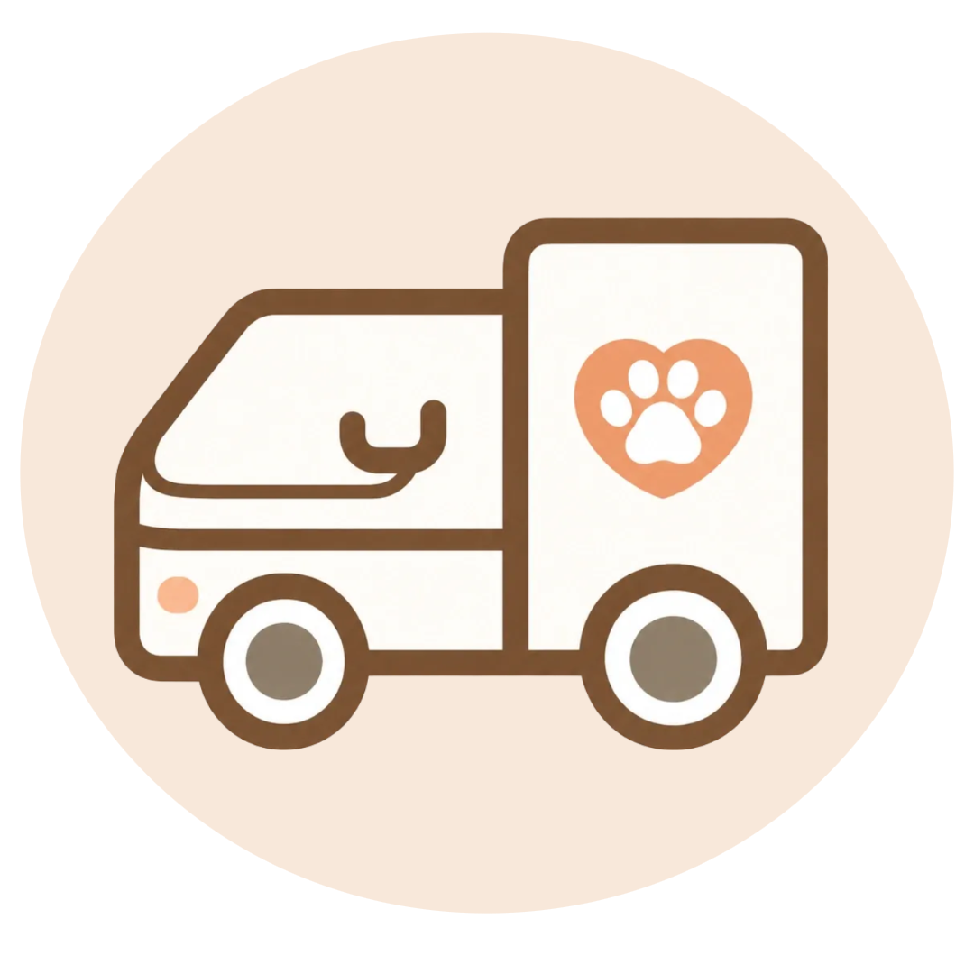 Cartoon-style pet delivery truck with a paw print inside a heart on the side.