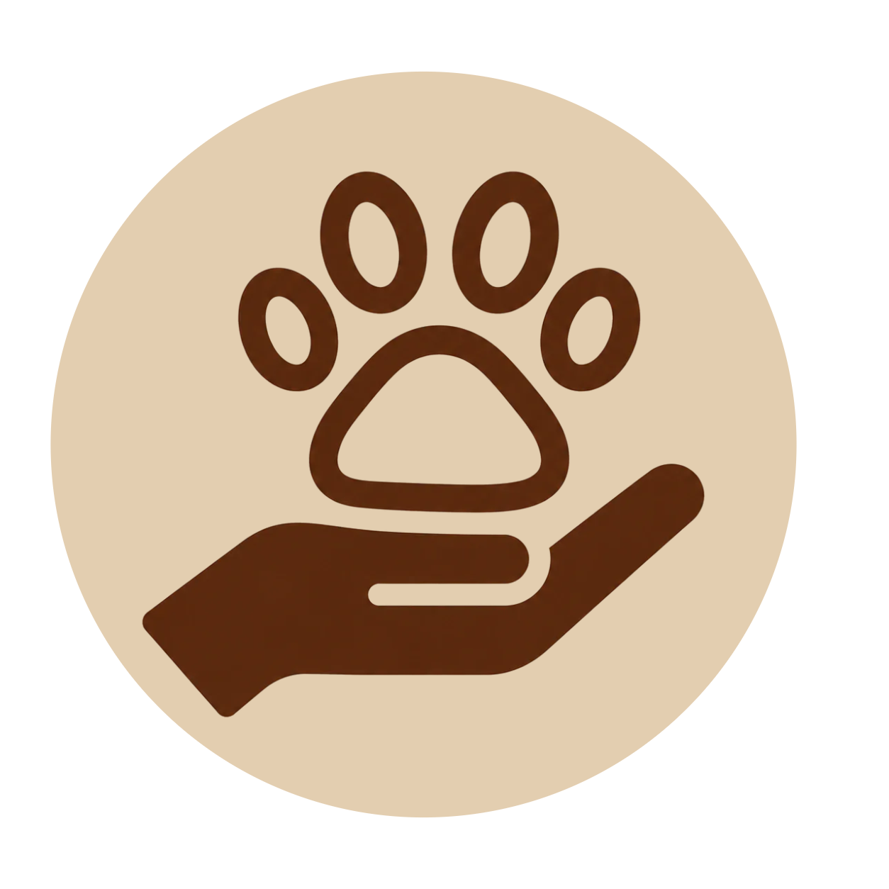 Icon of a hand holding a paw print symbol, representing animal care or pet support.
