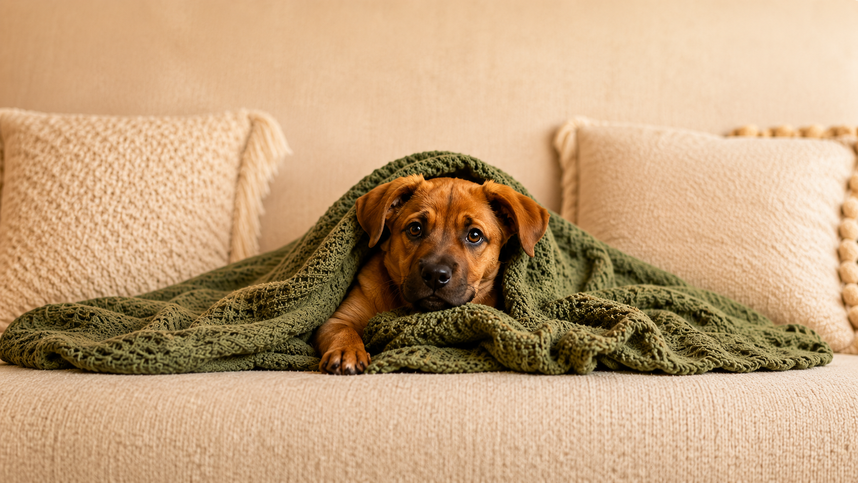 A cute brown puppy lying on a beige sofa, partially covered with a green knitted blanket, with two beige pillows in the background.