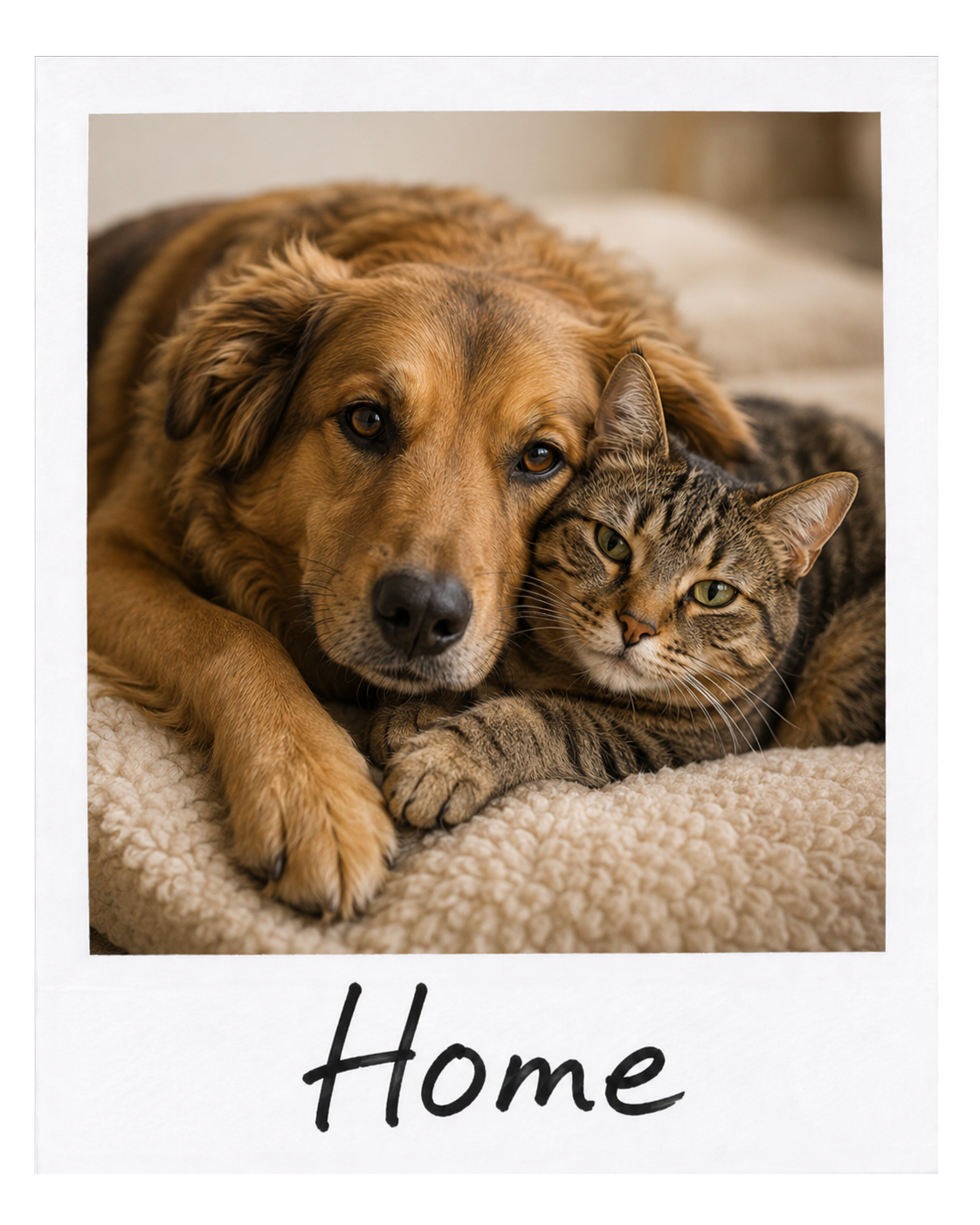 A dog and a cat lie closely together on a soft, cream-colored blanket inside a home. The dog is a golden retriever with brown eyes and a relaxed expression, resting its head next to the cat. The cat is a tabby with striking green eyes and a calm demeanor. The photo has a white border with the word "Home" written in black at the bottom.