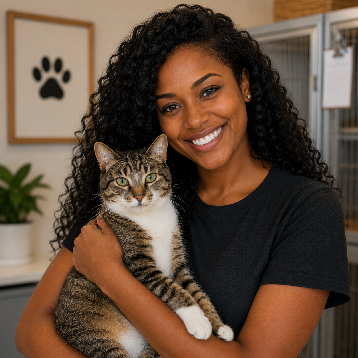 A woman holding a tabby cat indoors with a paw print picture in the background.