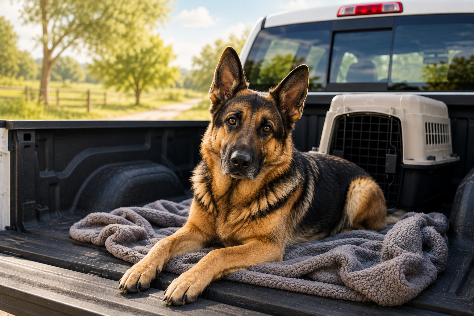 German Shepherd dog lying on a gray blanket in the back of a pickup truck with a rural landscape in the background.
